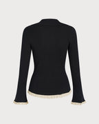Ribbed Cardigan with Contrast Trim and Flared Cuffs - Black