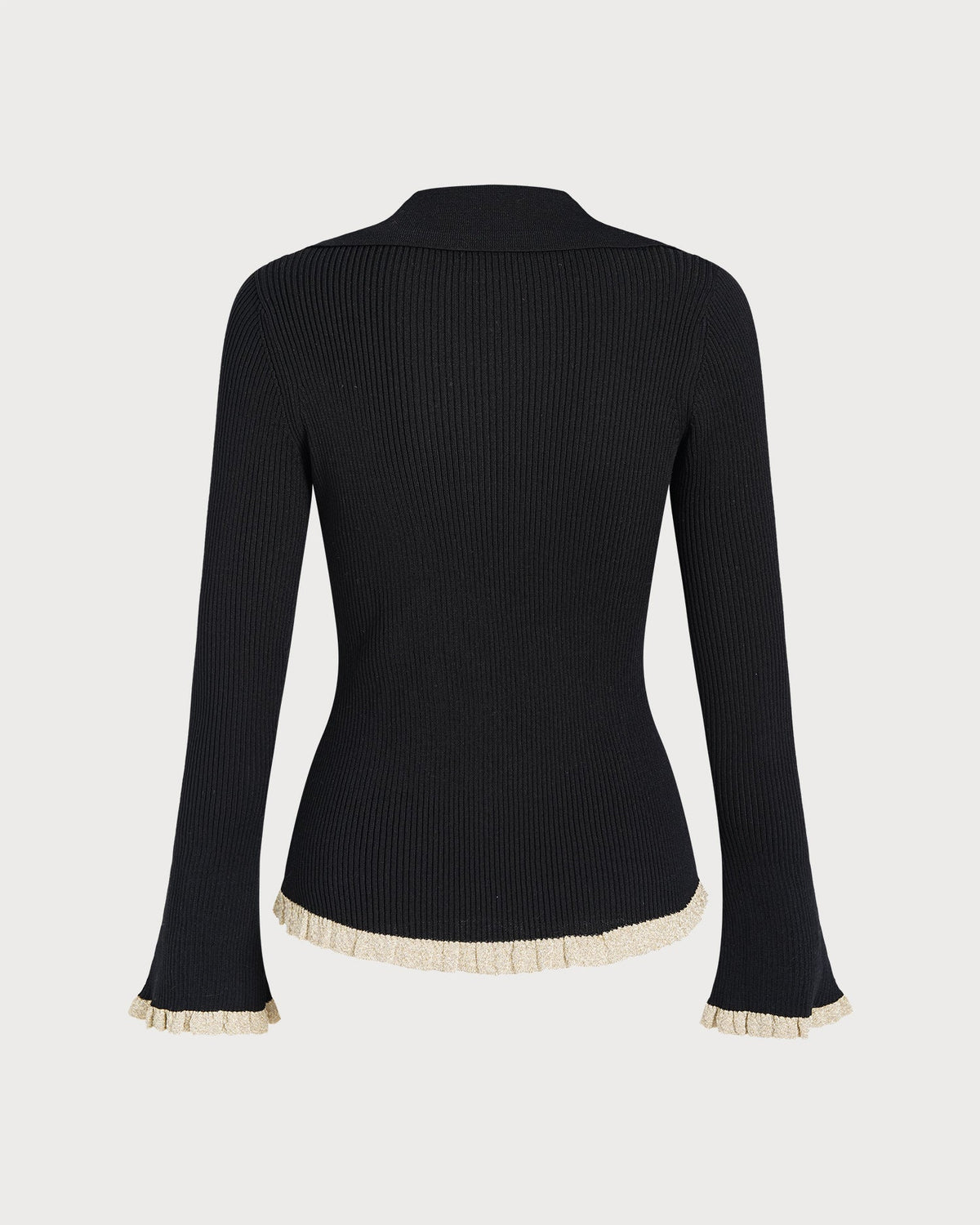 Ribbed Cardigan with Contrast Trim and Flared Cuffs - Black