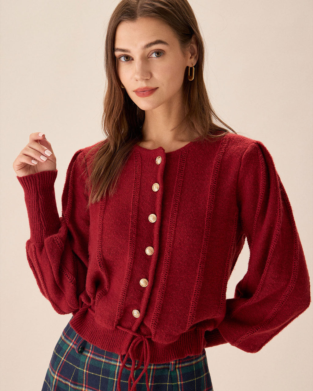 Ribbed Cardigan with Lantern Sleeves and Tie Hem - Red