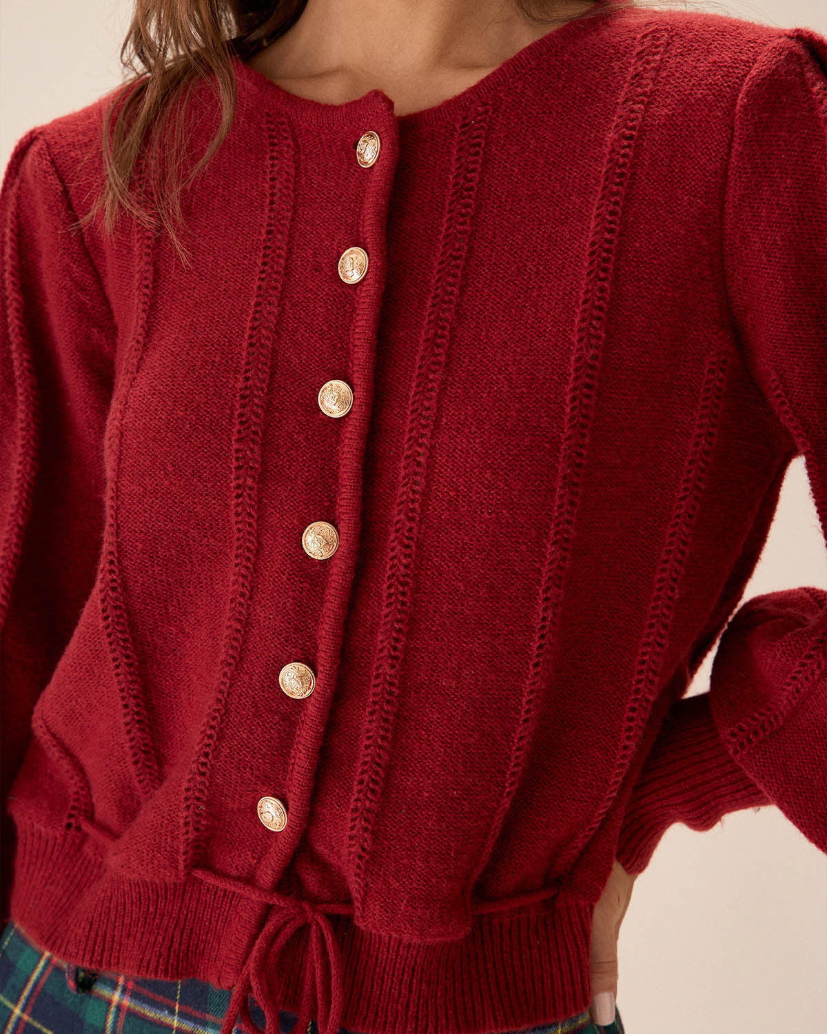 Ribbed Cardigan with Lantern Sleeves and Tie Hem - Red