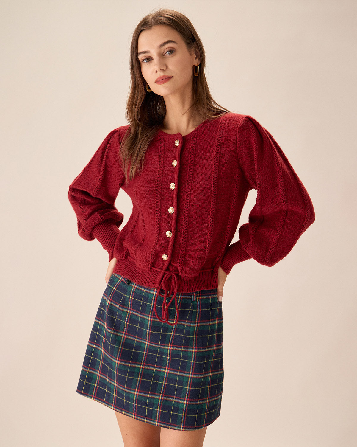 Ribbed Cardigan with Lantern Sleeves and Tie Hem - Red