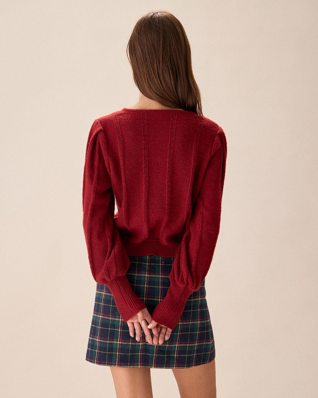 Ribbed Cardigan with Lantern Sleeves and Tie Hem - Red