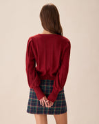 Ribbed Cardigan with Lantern Sleeves and Tie Hem - Red