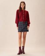 Ribbed Cardigan with Lantern Sleeves and Tie Hem - Red