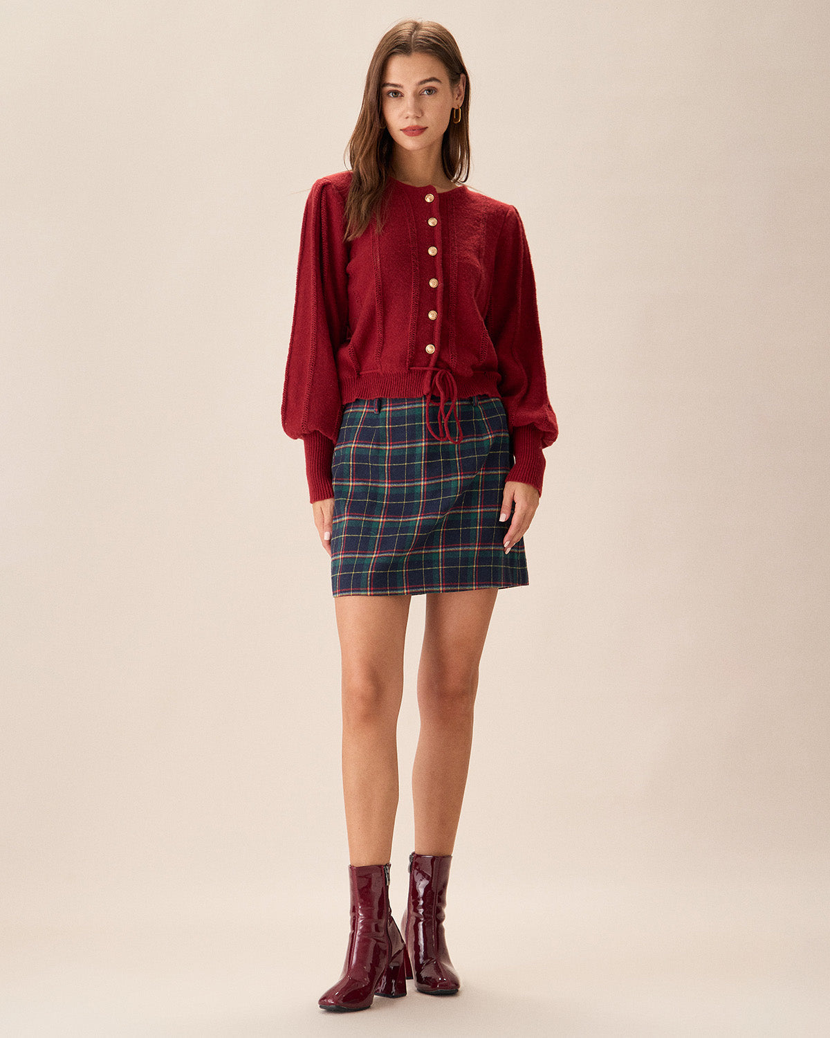 Ribbed Cardigan with Lantern Sleeves and Tie Hem - Red