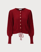 Ribbed Cardigan with Lantern Sleeves and Tie Hem - Red