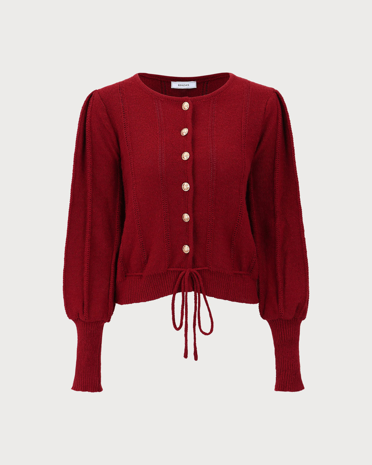 Ribbed Cardigan with Lantern Sleeves and Tie Hem - Red