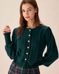 Ribbed Cardigan with Round Neck and Drawstring Hem - Green