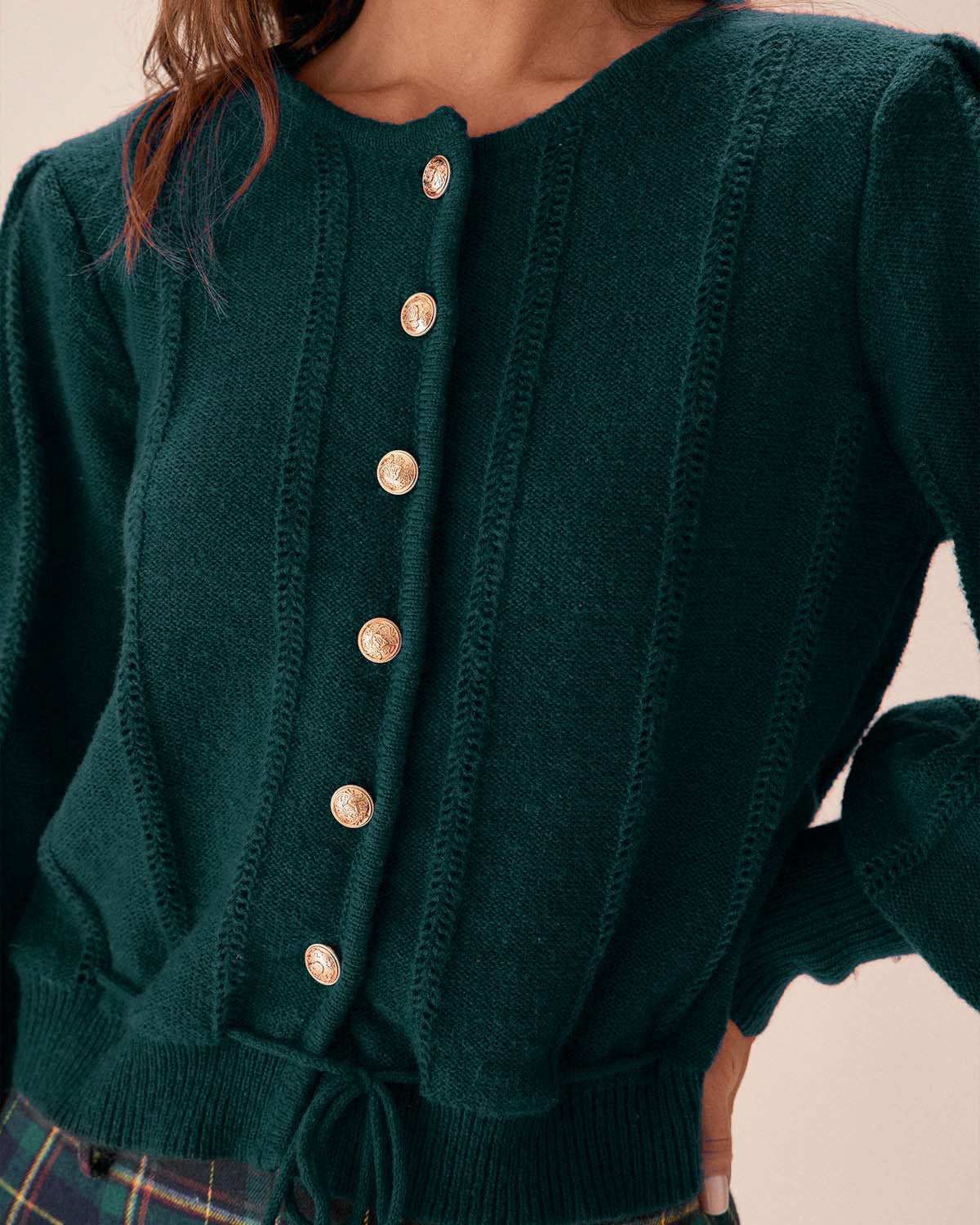 Ribbed Cardigan with Round Neck and Drawstring Hem - Green