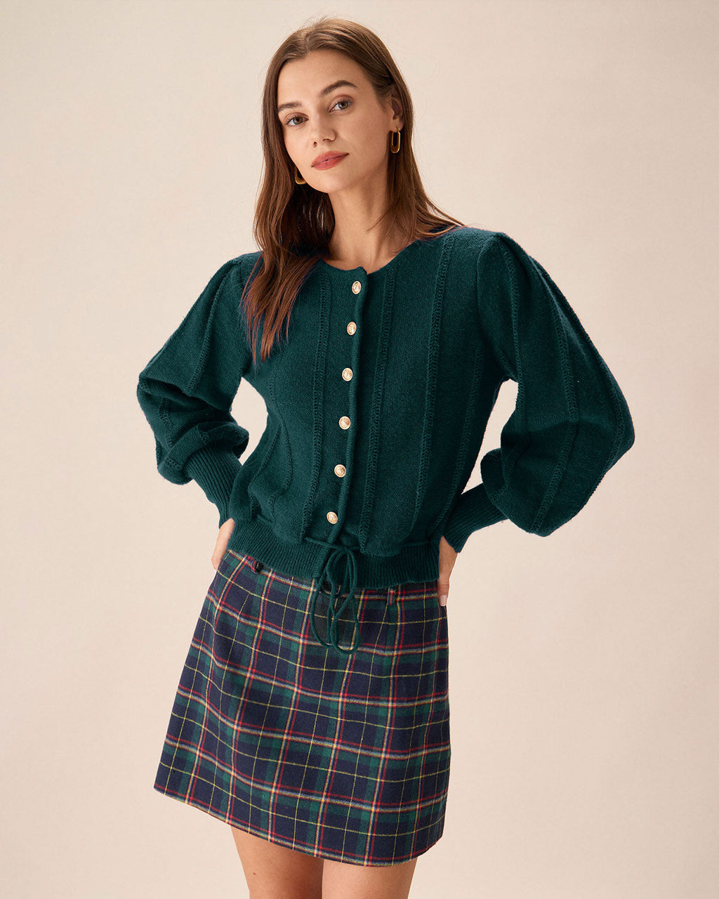 Ribbed Cardigan with Round Neck and Drawstring Hem - Green