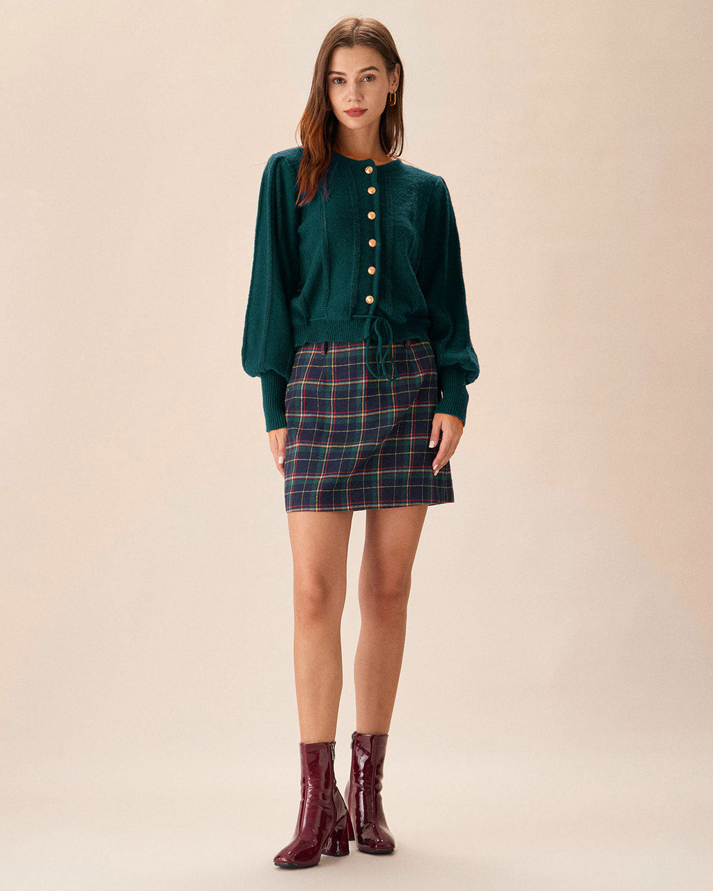 Ribbed Cardigan with Round Neck and Drawstring Hem - Green
