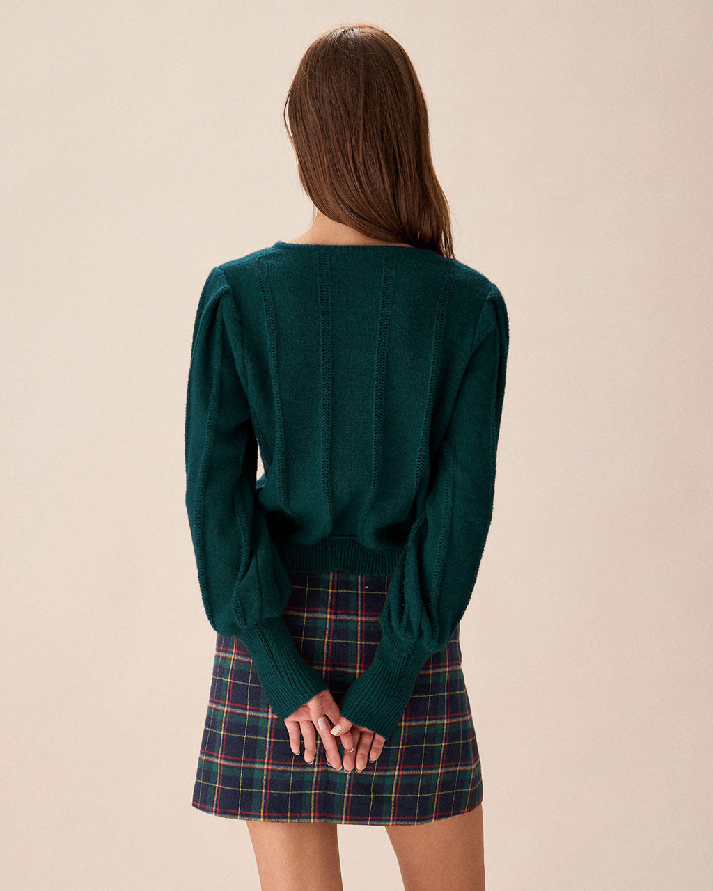 Ribbed Cardigan with Round Neck and Drawstring Hem - Green