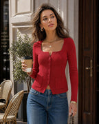 Ribbed Cardigan with Square Neck and Front Pockets - Red