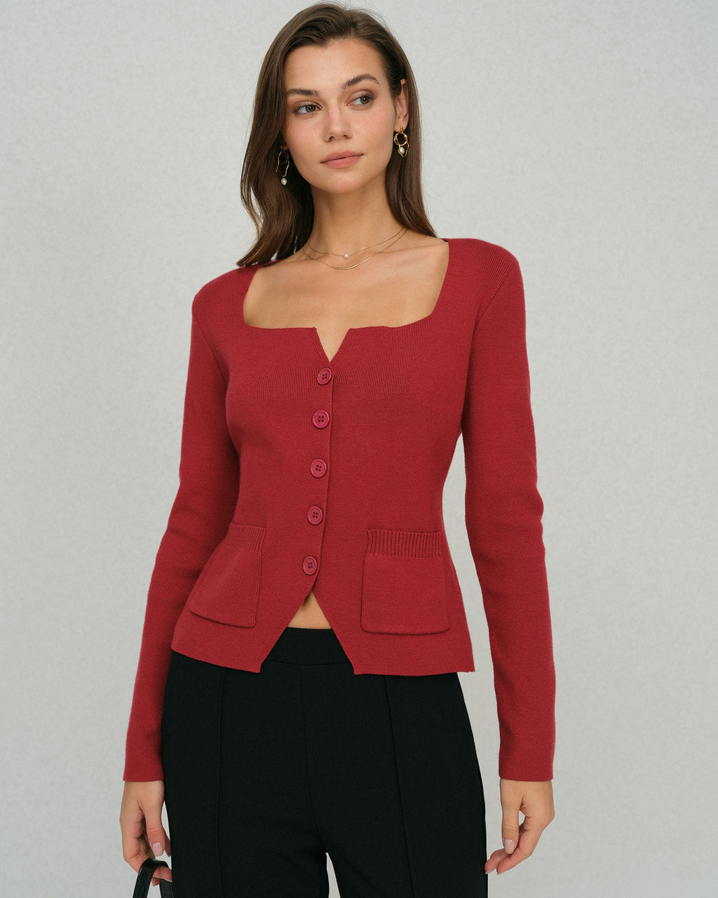 Ribbed Cardigan with Square Neck and Front Pockets - Red