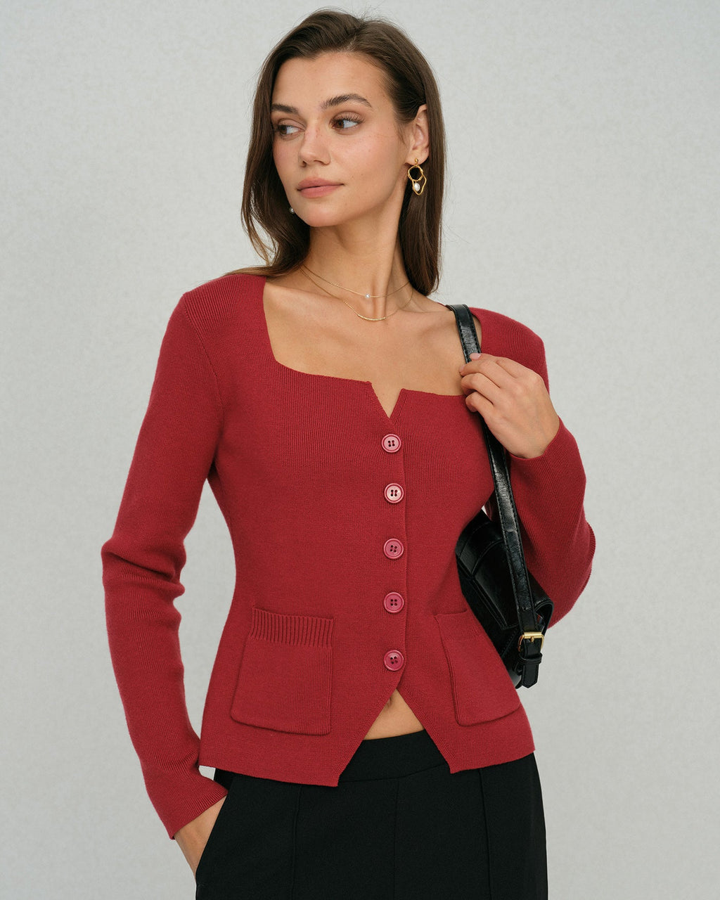 Ribbed Cardigan with Square Neck and Front Pockets - Red