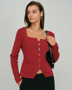 Ribbed Cardigan with Square Neck and Front Pockets - Red