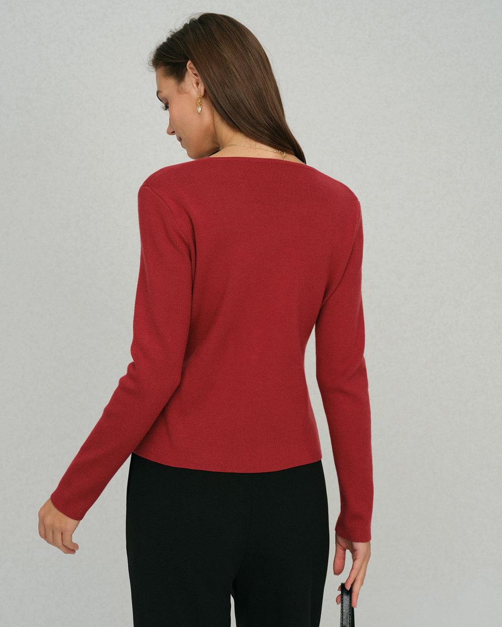 Ribbed Cardigan with Square Neck and Front Pockets - Red