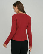 Ribbed Cardigan with Square Neck and Front Pockets - Red