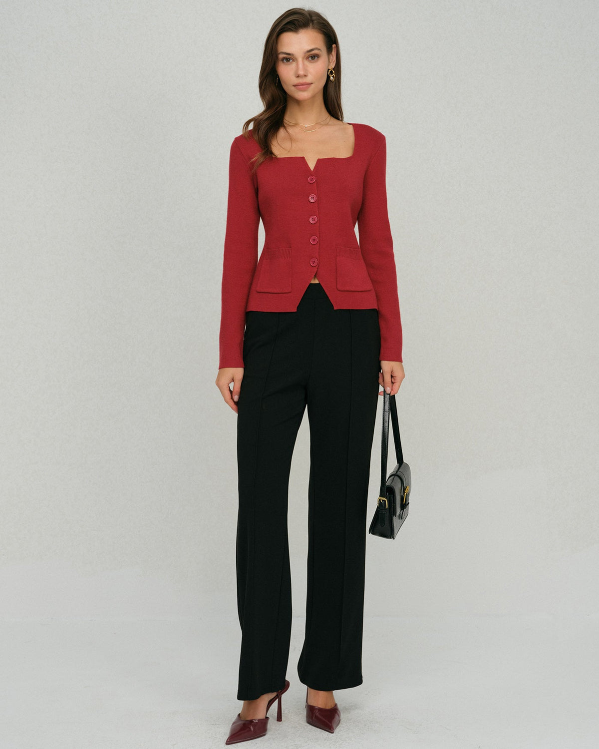 Ribbed Cardigan with Square Neck and Front Pockets - Red