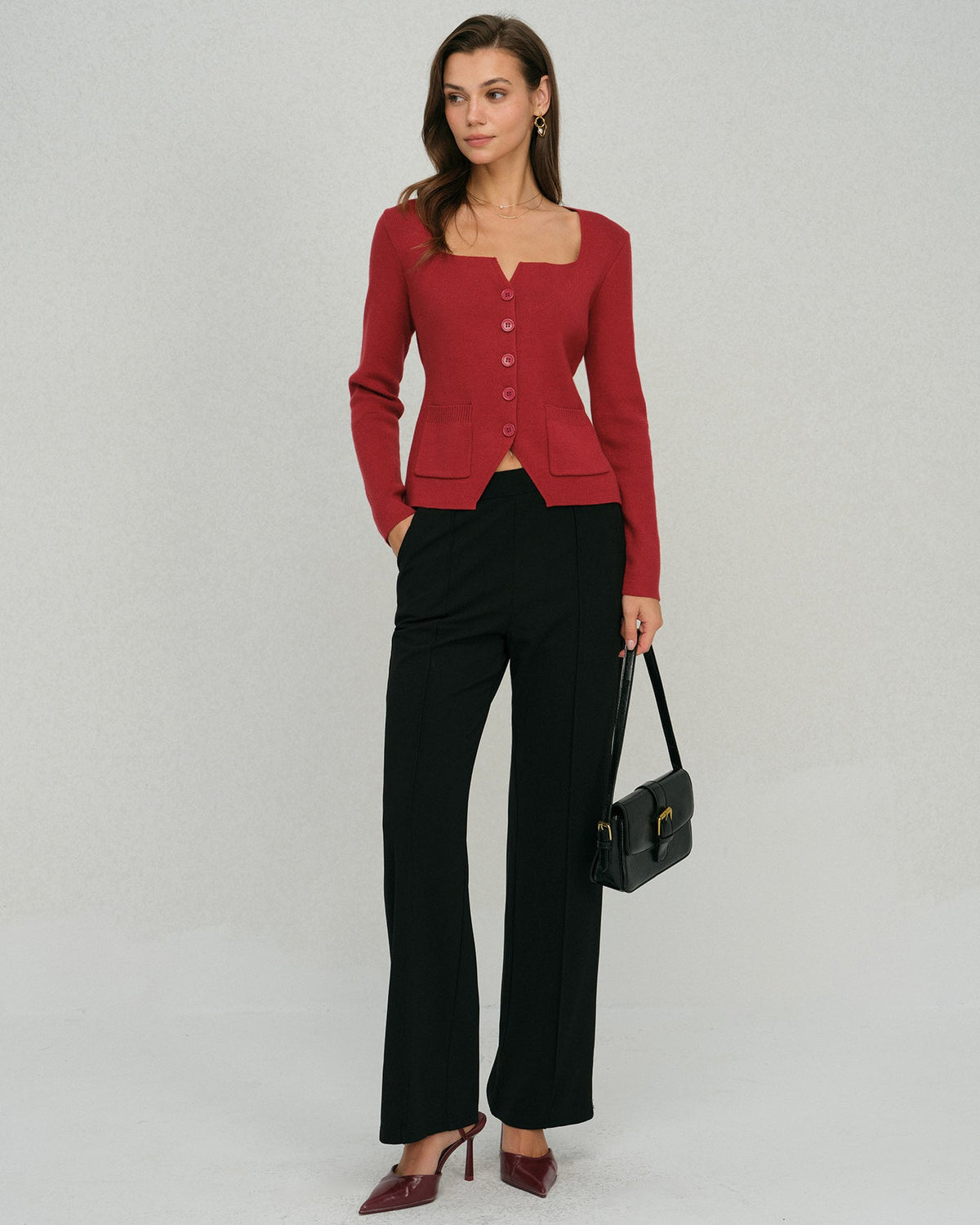 Ribbed Cardigan with Square Neck and Front Pockets - Red