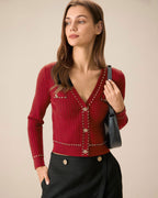 Ribbed Cardigan with V Neck and Contrast Stitched Trim - Red