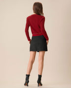 Ribbed Cardigan with V Neck and Contrast Stitched Trim - Red