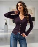 Ribbed Cardigan with V Neck and Contrast Trimmed Cuffs - Purple