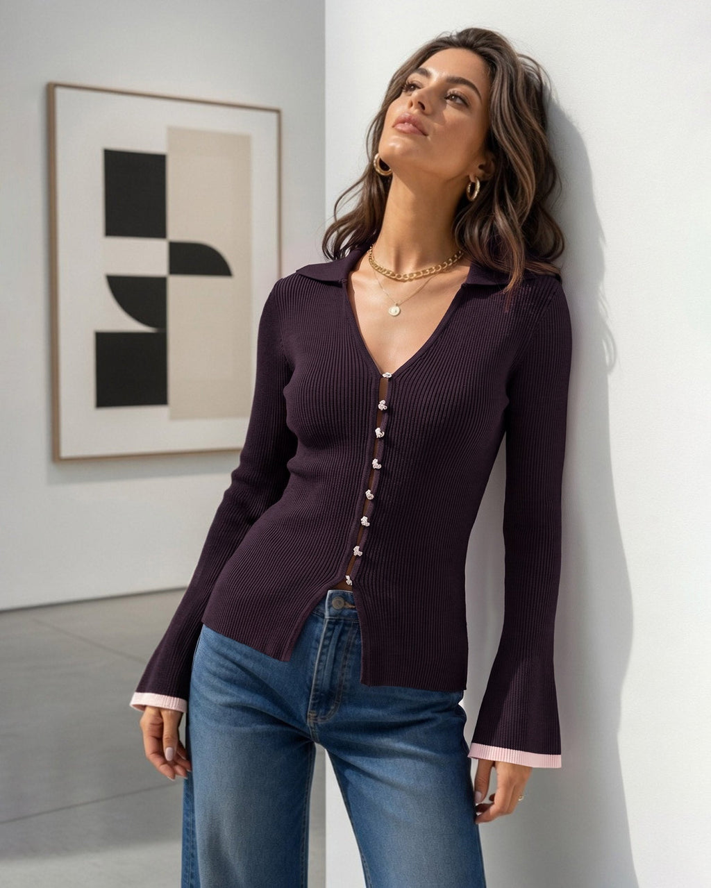 Ribbed Cardigan with V Neck and Contrast Trimmed Cuffs - Purple
