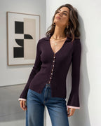 Ribbed Cardigan with V Neck and Contrast Trimmed Cuffs - Purple