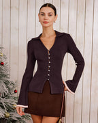 Ribbed Cardigan with V Neck and Contrast Trimmed Cuffs - Purple