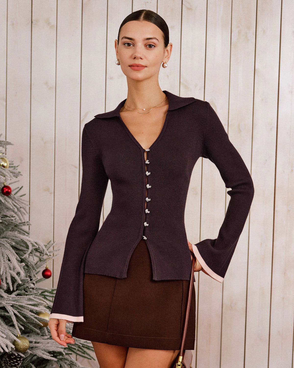 Ribbed Cardigan with V Neck and Contrast Trimmed Cuffs - Purple