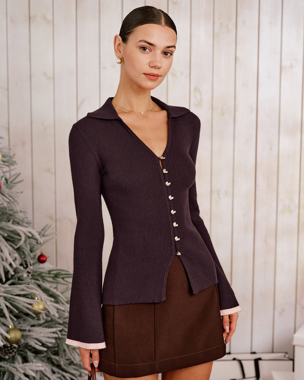 Ribbed Cardigan with V Neck and Contrast Trimmed Cuffs - Purple