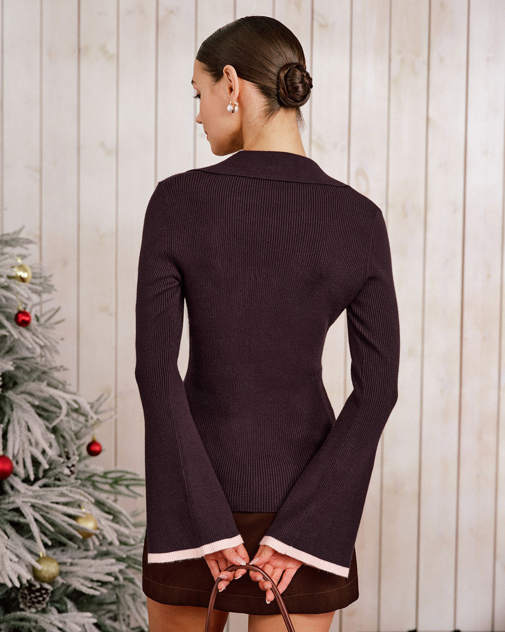 Ribbed Cardigan with V Neck and Contrast Trimmed Cuffs - Purple