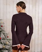 Ribbed Cardigan with V Neck and Contrast Trimmed Cuffs - Purple