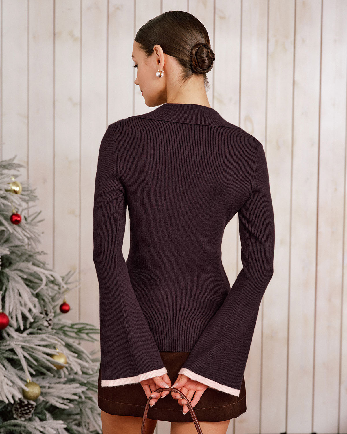 Ribbed Cardigan with V Neck and Contrast Trimmed Cuffs - Purple
