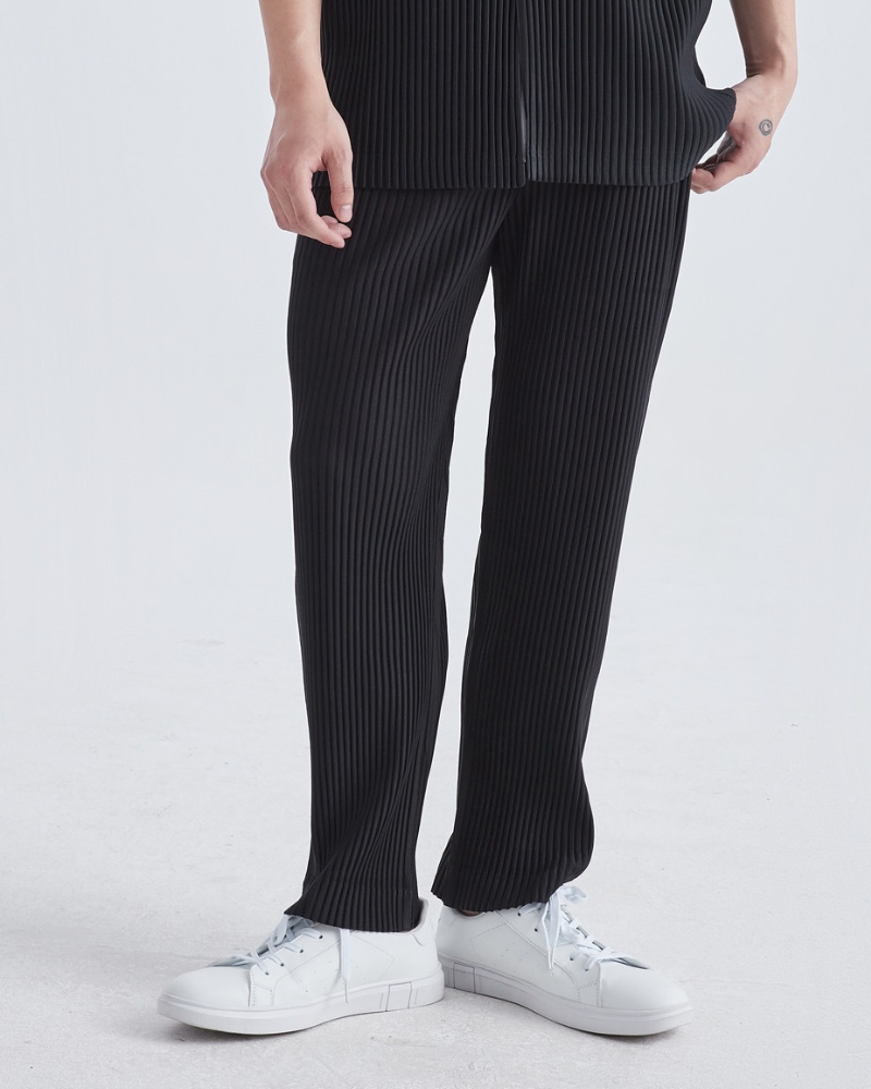 Ribbed Cotton Blend Trousers with Drawstring Waist - Black