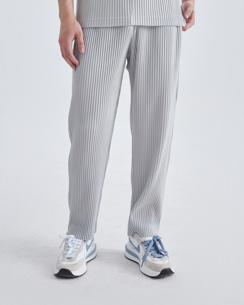 Ribbed Cotton Blend Trousers with Drawstring Waist - Grey