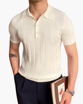 Ribbed Cotton Knit Polo Shirt with Open Collar, Short Sleeve - White