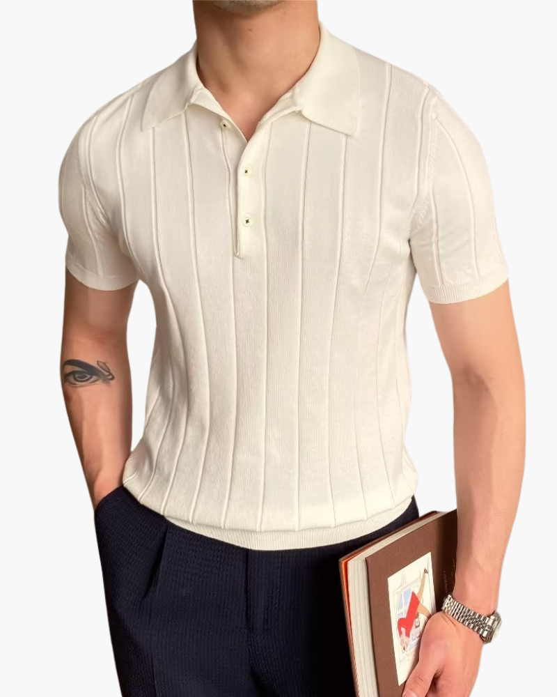 Ribbed Cotton Knit Polo Shirt with Open Collar, Short Sleeve - White