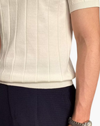 Ribbed Cotton Knit Polo Shirt with Open Collar, Short Sleeve