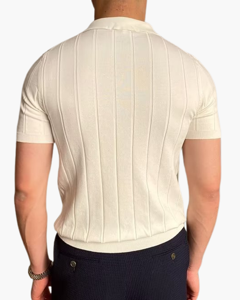 Ribbed Cotton Knit Polo Shirt with Open Collar, Short Sleeve