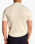 Ribbed Cotton Knit Polo Shirt with Open Collar, Short Sleeve