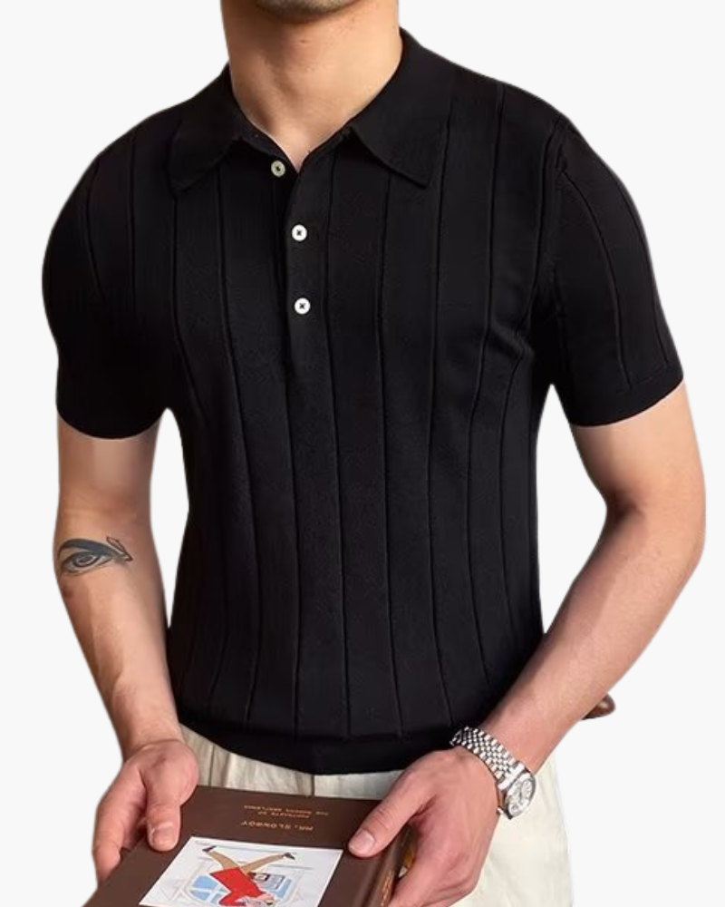 Ribbed Cotton Knit Polo Shirt with Open Collar, Short Sleeve - Black