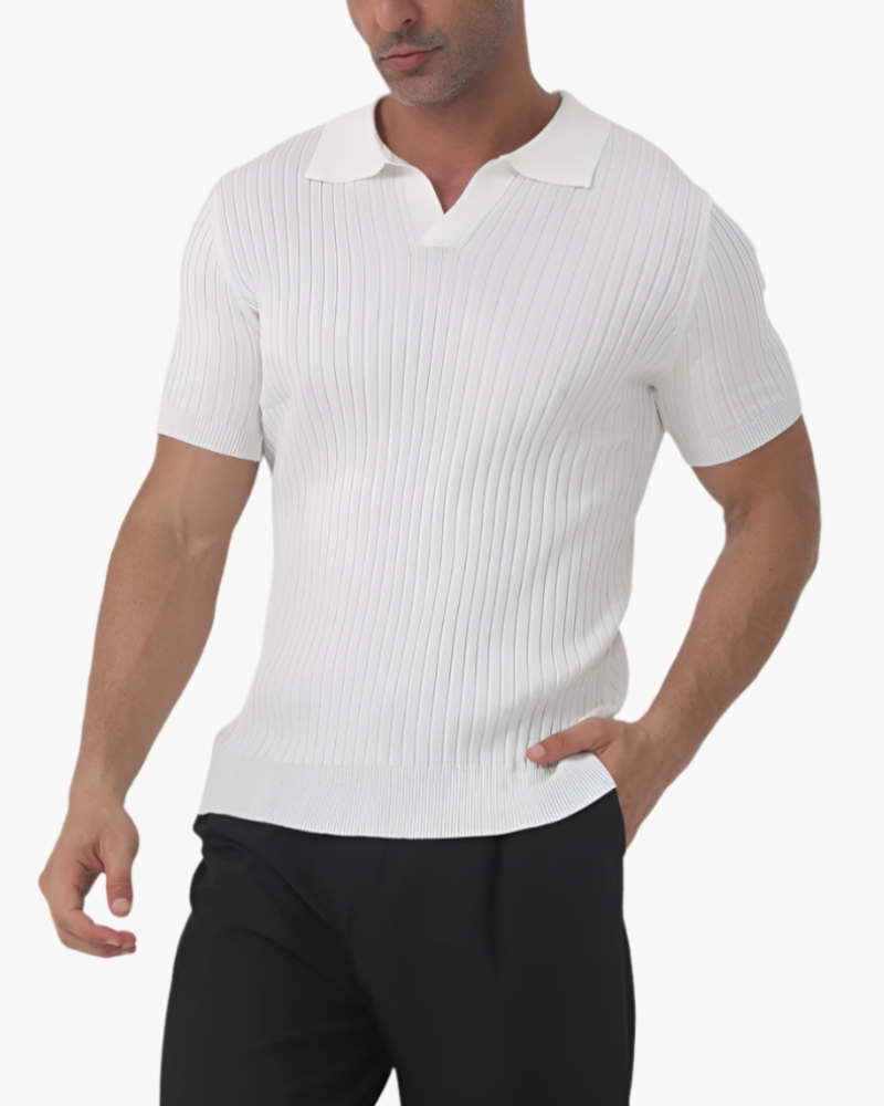 Ribbed Cotton Polo Shirt with Mesh Knit, Short Sleeve - White
