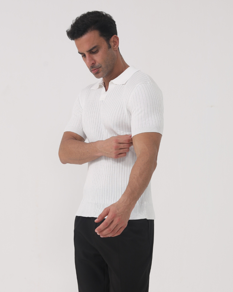 Ribbed Cotton Polo Shirt with Mesh Knit, Short Sleeve