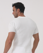 Ribbed Cotton Polo Shirt with Mesh Knit, Short Sleeve