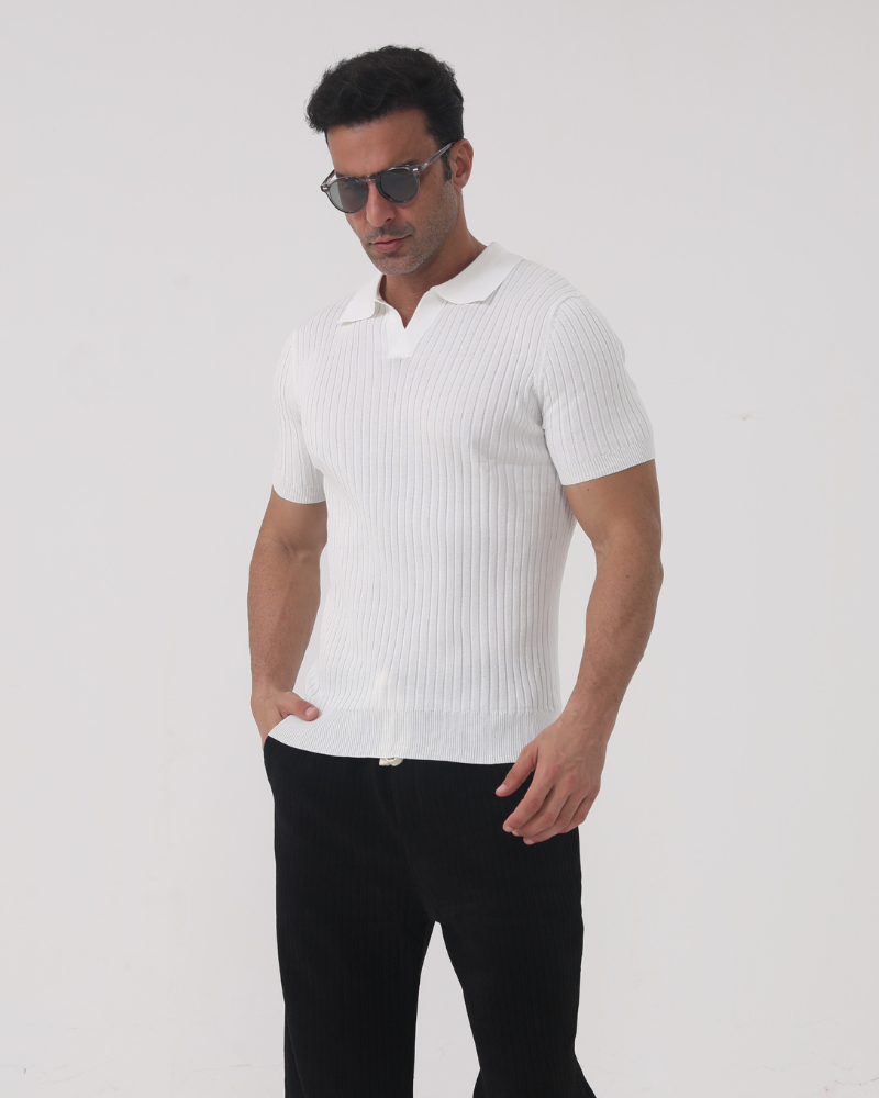 Ribbed Cotton Polo Shirt with Mesh Knit, Short Sleeve