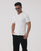 Ribbed Cotton Polo Shirt with Mesh Knit, Short Sleeve