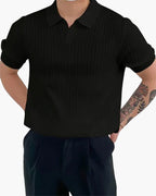 Ribbed Cotton Polo Shirt with Mesh Knit, Short Sleeve - Black