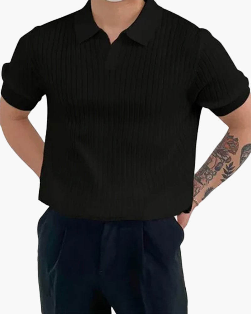 Ribbed Cotton Polo Shirt with Mesh Knit, Short Sleeve - Black
